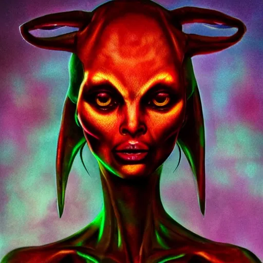 Image similar to realistic female alien, medium shot portrait, devil horns,,!!!!! human eyes!!!!!!, green body. red eyes, background flames