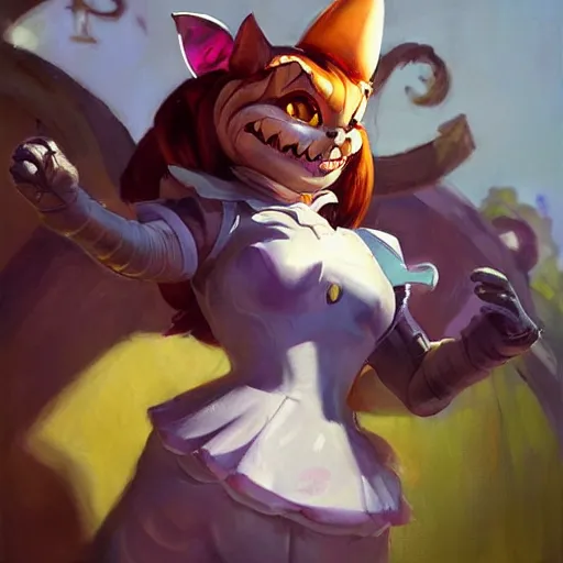 Image similar to greg manchess portrait painting of partially armored cheshire cat from alice in wonderland as overwatch character, medium shot, asymmetrical, profile picture, organic painting, sunny day, matte painting, bold shapes, hard edges, street art, trending on artstation, by huang guangjian, gil elvgren, ruan jia, randy vargas, greg rutkowski