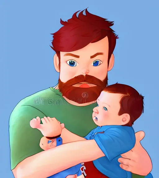 Image similar to a father with short red hair, a short red beard and blue eyes and a chubby face hold his infant son with short brown hair full color digital illustration in the style of don bluth, artgerm, artstation trending, 4 k