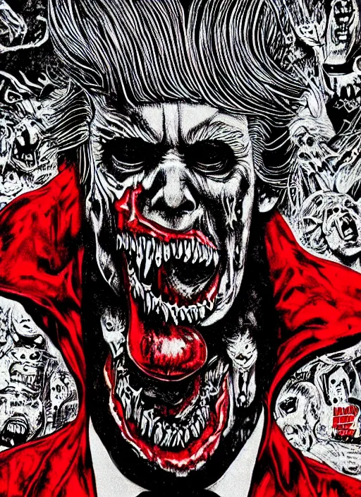 Image similar to donald trump's disgusting true form on a 1 9 9 0 s horror movie poster, inking, vintage 9 0 s print, detailed, scary, horror, screen print, trending on artstation