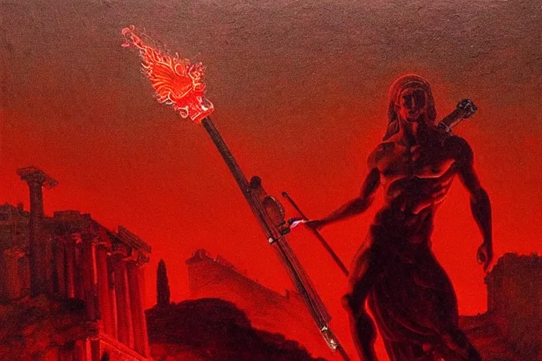 Image similar to only with red, a red melted apollo with a laurel wreath and a flaming sword announce the win, athens in the background, in the style of beksinski, part by hopper, part by rodcenko, part by hofbauer, intricate composition, red by caravaggio, insanely quality, highly detailed, masterpiece, red light, artstation