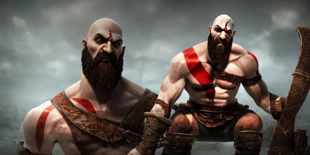 Image similar to kratos the god of war sitting on a modern toilet, cinematic composition and lighting
