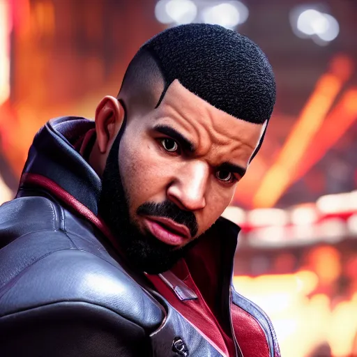 Prompt: a videogame still of Drake in Tekken 7, portrait, 40mm lens, shallow depth of field, close up, split lighting, cinematic