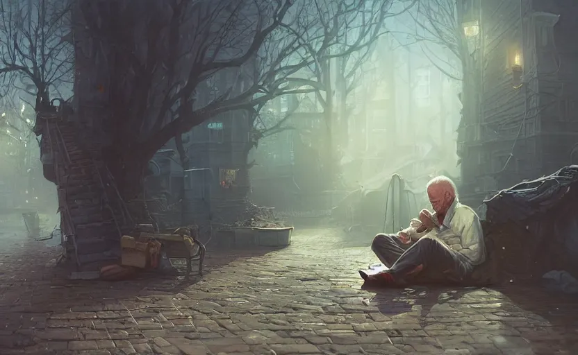 Image similar to highly detailed portrait of joe biden as a homeless, in vr, stephen bliss, unreal engine, fantasy art by greg rutkowski, loish, rhads, ferdinand knab, makoto shinkai and lois van baarle, ilya kuvshinov, rossdraws, tom bagshaw, global illumination, radiant light, detailed and intricate environment