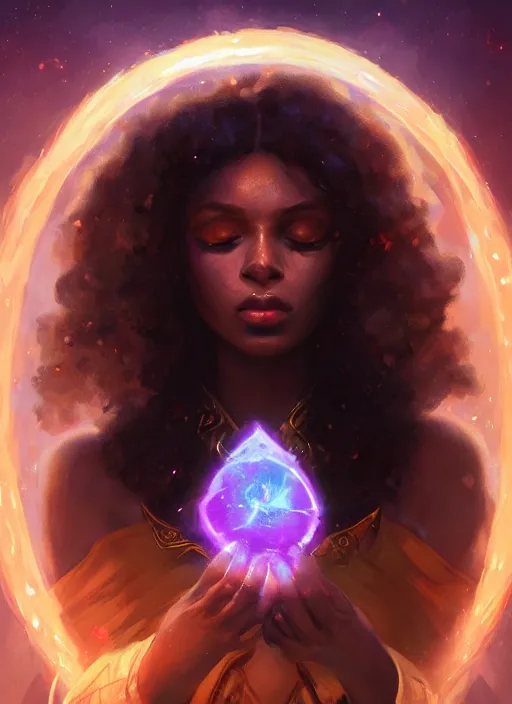 Prompt: beautiful black woman casting magical spells with runic stones, kemetic imagery, digital painting artstation, concept art, matte, sharp focus, illustration, dramatic exploding nebulae, hearthstone, art by artgerm and greg rutkowski and alphonse mucha