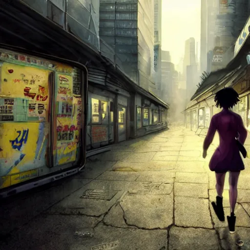 Image similar to incredible wide screenshot, ultrawide, simple watercolor, rough paper texture, ghost in the shell movie scene, backlit distant shot of girl in a parka running from a giant robot invasion side view, yellow parasol in deserted dusty shinjuku junk town, broken vending machines, bold graphic graffiti, old pawn shop, bright sun bleached ground, mud, fog, dust, windy, scary robot monster lurks in the background, ghost mask, teeth, animatronic, black smoke, pale beige sky, junk tv, texture, brown mud, dust, tangled overhead wires, telephone pole, dusty, dry, pencil marks, genius party,shinjuku, koji morimoto, katsuya terada, masamune shirow, tatsuyuki tanaka hd, 4k, remaster, dynamic camera angle, deep 3 point perspective, fish eye, dynamic scene