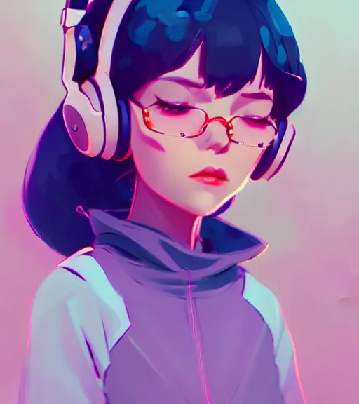 Image similar to little female character inspired by 9 0's fashion and by madeline from celeste, art by rossdraws, wlop, ilya kuvshinov, artgem lau, sakimichan and makoto shinkai, concept art, headphones