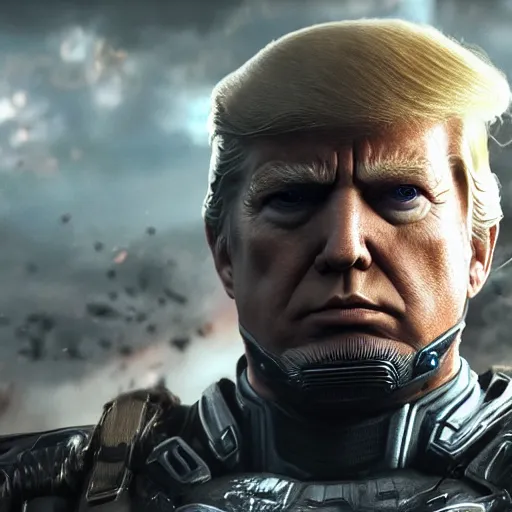 Image similar to Portrait of Donald Trump as captain america in Gears of War, splash art, movie still, cinematic lighting, dramatic, octane render, long lens, shallow depth of field, bokeh, anamorphic lens flare, 8k, hyper detailed, 35mm film grain