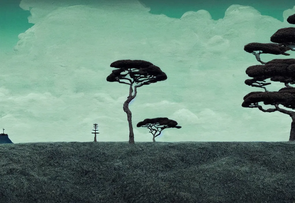 Prompt: low angle seaside windswept trees on a hill overlook sea cliffs, tourist foreground, rural japan, a collage painting, in the style of wes anderson, lola dupre, david hockney, isolated on negative white space background dark monochrome fluorescent neon spraypaint accents volumetric octane render