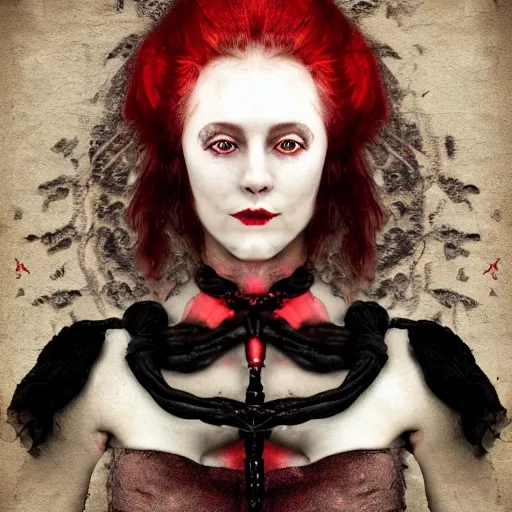 Prompt: dark schizophrenia portrait, death not dresses body red head woman in medieval dress, strangled with rope, scull blur effect face, victorian style, high detail