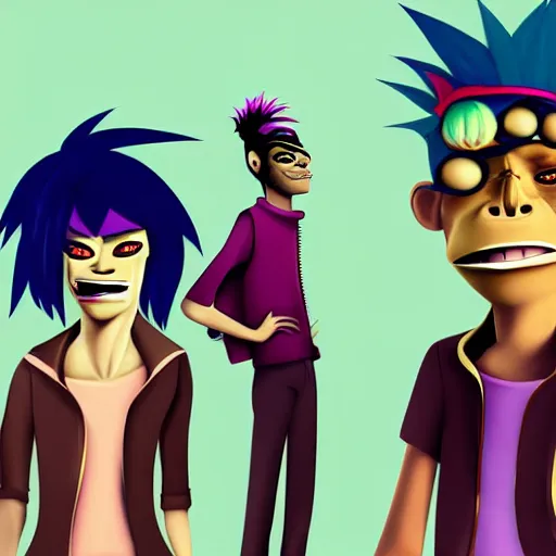 Prompt: the gorillaz band as humans. realistic dslr photo