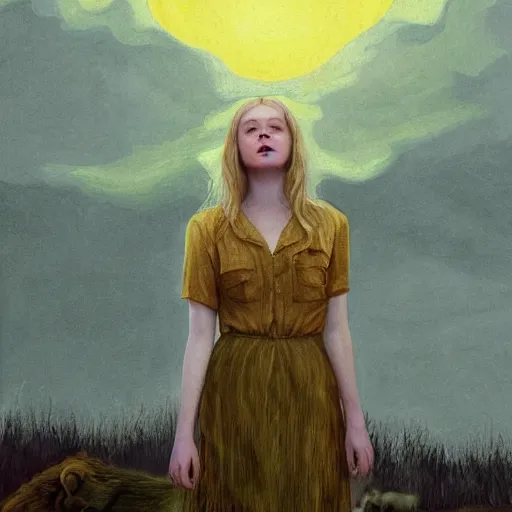 Image similar to Elle Fanning in the painted world of Raised by Wolves, head and shoulders masterpiece, apocalypse, golden hour, cosmic horror, artstation, in the style of Andrew Wyeth and Edward Hopper and Bosch, extremely detailed