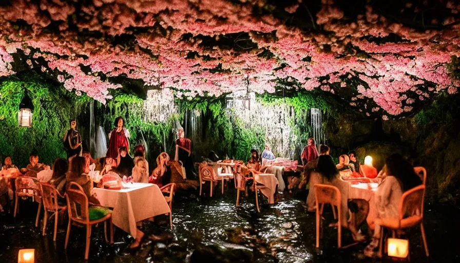 Prompt: 35mm film still of a very surreal magical European castle cafe in a lush waterfall garden, falling cherry blossoms pedals, in the style of Gucci and Wes Anderson, photographed by Petra Collins, glowing lights and floating lanterns, foggy atmosphere, rainy, moody, muted colors, magic details, very detailed, 8k, cinematic look