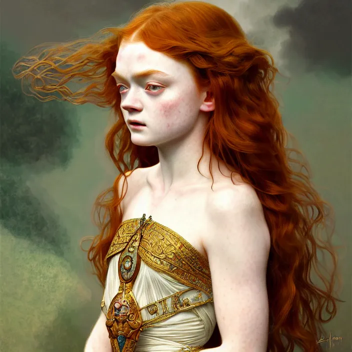 Image similar to ancient queen sadie sink, symetrical, diffuse lighting, fantasy, intricate, elegant, highly detailed, lifelike, photorealistic, digital painting, artstation, illustration, concept art, 4 k, smooth, sharp focus, art by john collier and albert aublet and krenz cushart and artem demura and alphonse mucha