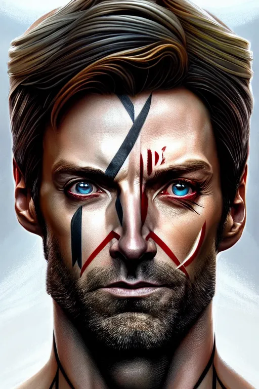 Image similar to symmetry!! portrait of hugh jackman in the boys in the style of god of war, machine parts embedded into face, intricate, elegant, highly detailed, digital painting, artstation, concept art, smooth, sharp focus, illustration, art by artgerm and greg rutkowski and alphonse mucha, 8 k