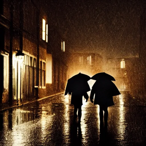 Image similar to an emotional picture of two shadowy figures under one umbrella at night in an ally, it is raining heavily, street lanterns are shining, they are reflected on the rainy street, 35mm, juno filter, motion blur, trending on artstation