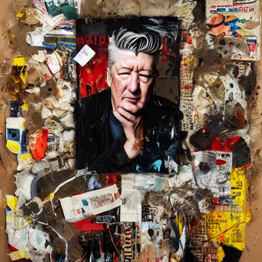 Image similar to hyperrealistic, photorealistic, mixed media oil painting of david lynch, magazine scraps, plaster, blood, oil, mustard, cigarettes, splatter, greg rutkowski, basquiat, ralph steadman, terry gilliam