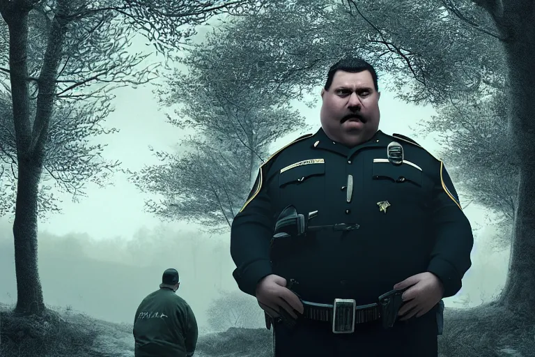 Prompt: an ultra realistic, cinematic, headshot portrait, of a fat policeman, branches, facial features, background of a vast serene landscape, with trees and rivers, detailed, deep focus, movie still, dramatic lighting, ray tracing, by michal karcz and yoshitaka amano