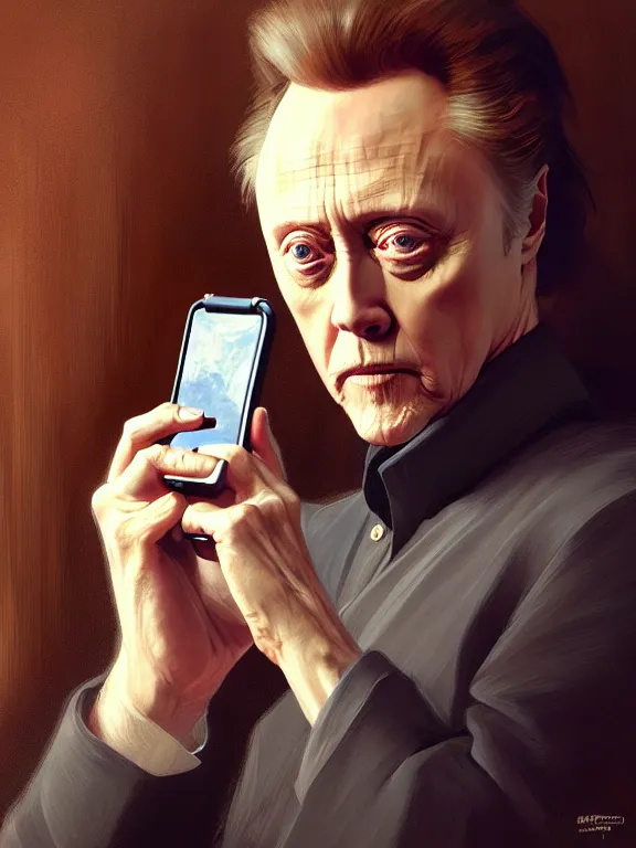 Image similar to portrait of christopher walken playing on his phone, intricate, headshot, highly detailed, digital painting, artstation, concept art, sharp focus, cinematic lighting, illustration, art by artgerm and greg rutkowski, alphonse mucha, cgsociety