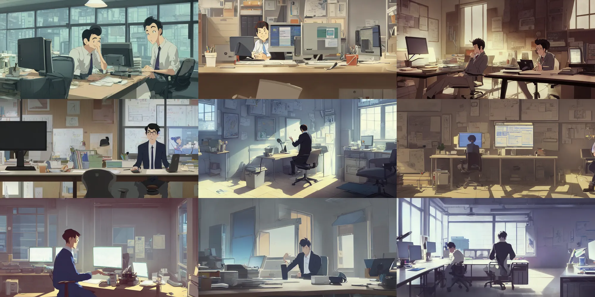 Prompt: a wholesome animation key shot of tired office worker looking at his computer in a 9 0's style of office, medium shot, waist up, studio ghibli, pixar and disney animation, sharp, rendered in unreal engine 5, anime key art by greg rutkowski, bloom, dramatic lighting