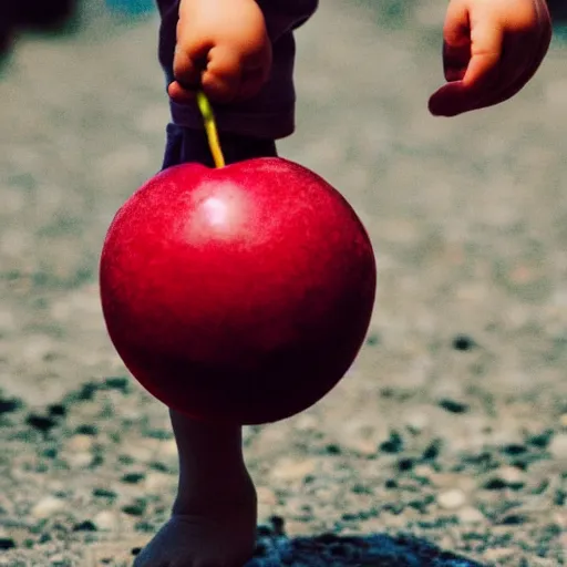 Prompt: close - up of a tiny boy standing on a plate and carrying a beachball - sized cherry in his arms, ultra realistic, highly detailed, sharp focus, cinematic lighting, mood lighting, realistic, vivid colors, photorealistic, digital art