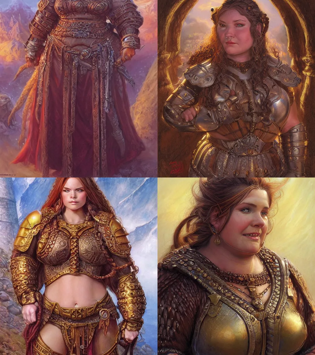Prompt: plump female dwarven noblewoman | complex braided hairstyle | hyperdetailed | donato giancola, jeff easley, ralph horsley | waist-up portrait | big nose, tubby body | dungeons and dragons |