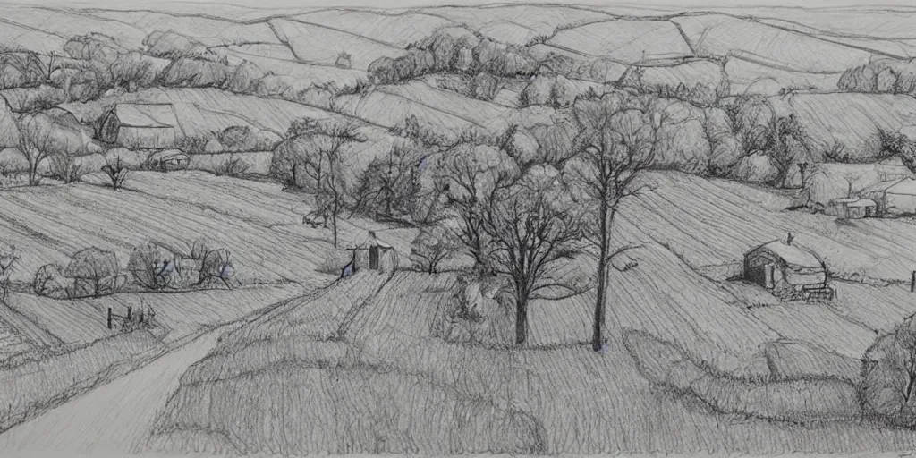 Image similar to stunning drawing of a farm landscape by brian k. vaughan