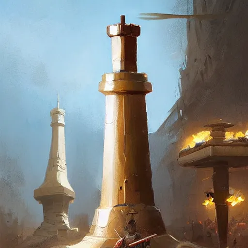 Prompt: a soldier standing looking up at a giant chess piece, artwork by greg hildebrandt and greg rutkowski, artstation