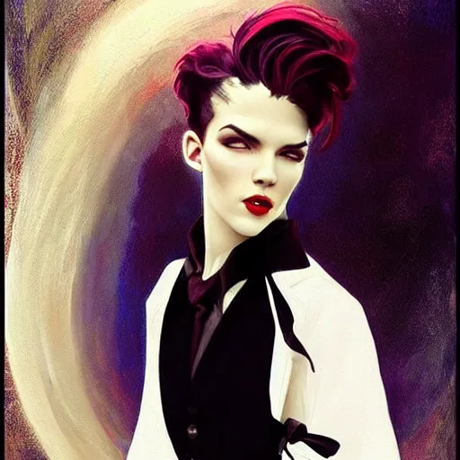 Image similar to beautiful portrait of androgynous ruby rose as desire from sandman in a white tuxedo!!!, rockabilly style, by frank moth, by alphonse mucha, cedric peyravernay, by jeremy mann, white suit and black tie, soft lightning, high detailed, 8 k