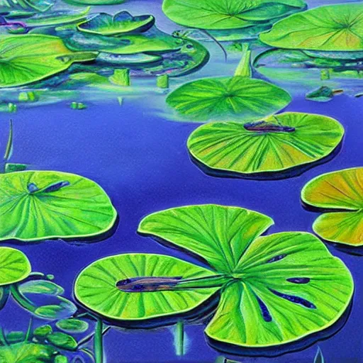 Image similar to perfect frog pattern realistic lily pads in a lake intricate, hyper detailed, realistic, oil painting