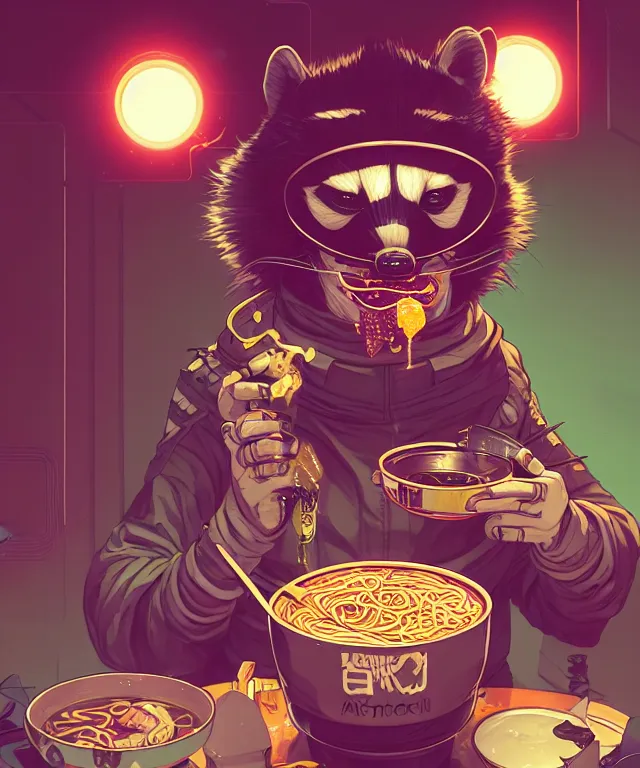 Image similar to a portrait of an anthropomorphic cyberpunk raccoon eating ramen, cyberpunk!, fantasy, elegant, digital painting, artstation, concept art, matte, sharp focus, illustration, art by josan gonzalez