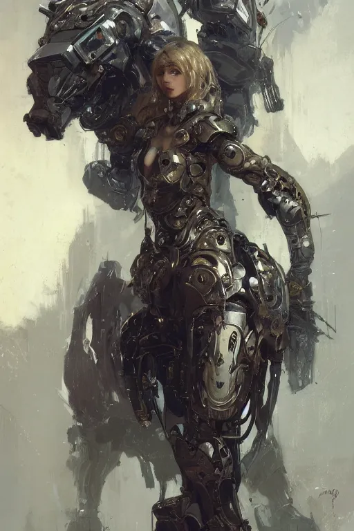 Prompt: portrait girl metal cyborg armor and metal horse by gaston bussiere, anna nikonova aka newmilky, greg rutkowski, yoji shinkawa, yoshitaka amano, tsutomu nihei, donato giancola, geoffroy thoorens, concept art, trending on artstation, featured on pixiv