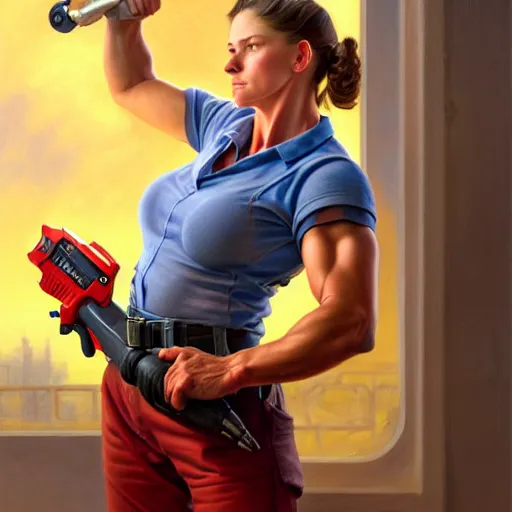 Image similar to epic portrait a slightly muscular woman wearing short sleeved uniform and carrying a red power tool drill, detailed, centered, digital painting, artstation, concept art, donato giancola, Joseph Christian Leyendecker, WLOP, Boris Vallejo, Breathtaking, 8k resolution, extremely detailed, beautiful, establishing shot, artistic, hyperrealistic, beautiful face, octane render