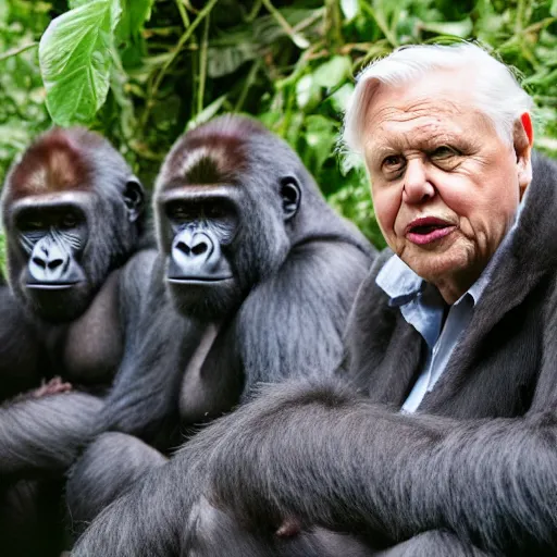 Prompt: david attenborough pretending to be a gorilla while sitting with gorillas, still from nature documentary