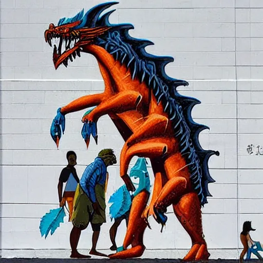 Prompt: A beautiful street art of a large, dragon-like creature with sharp teeth, talons, and a long tail. The creature is looming over a small group of people who appear to be in distress. intarsia inlay by Brian Stelfreeze, by Makoto Shinkhai, by Raphaelle Peale