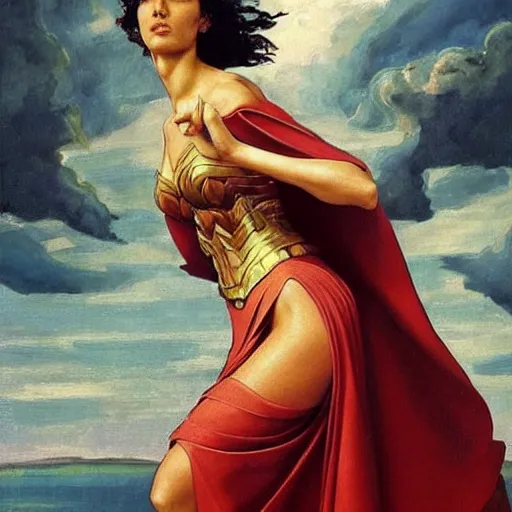 Image similar to Full body oil painting of the beautiful woman Gal Gadot, she is wearing some withe ancient roman cloths and a surreal ornate, her hair is natural disheveled, she is approaching heaven, people are claiming for her, she is attracting lightnings, naturalism, dramatic lighting, high-detailed oil painting by Ilya Repin, Michelangelo da Caravaggio, William Blake, Alex Grey and Beksinski, trending on Artsatio, hystorical painting, masterpiece, 4k, 8k,