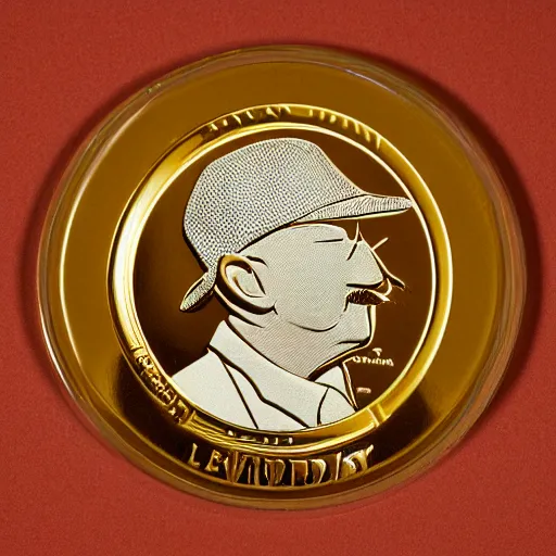 Prompt: A photograph of a high quality swiss chocolate coin that is engraved with a portrait of leon redbone wearing a cap from 1975, highly detailed, close-up product photo, depth of field, sharp focus, appetizing, foil nearby