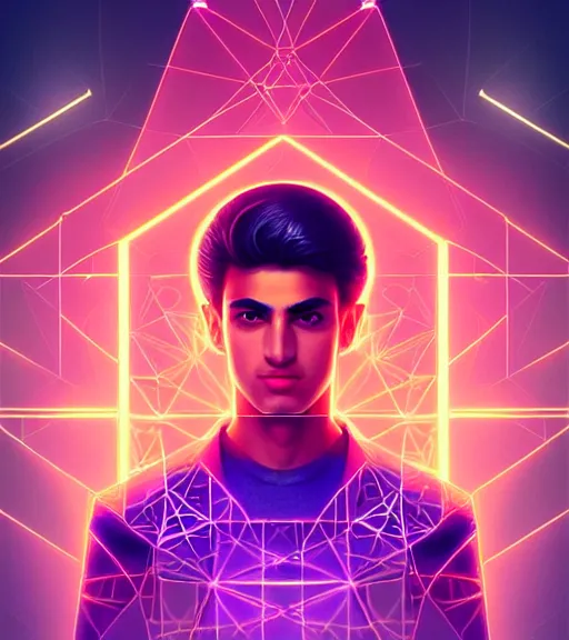 Prompt: symmetry!! arab prince of technology, solid cube of light, hard edges, product render retro - futuristic poster scifi, lasers and neon circuits, handsome arab prince, intricate, elegant, highly detailed, digital painting, artstation, concept art, smooth, sharp focus, illustration, dreamlike, art by artgerm