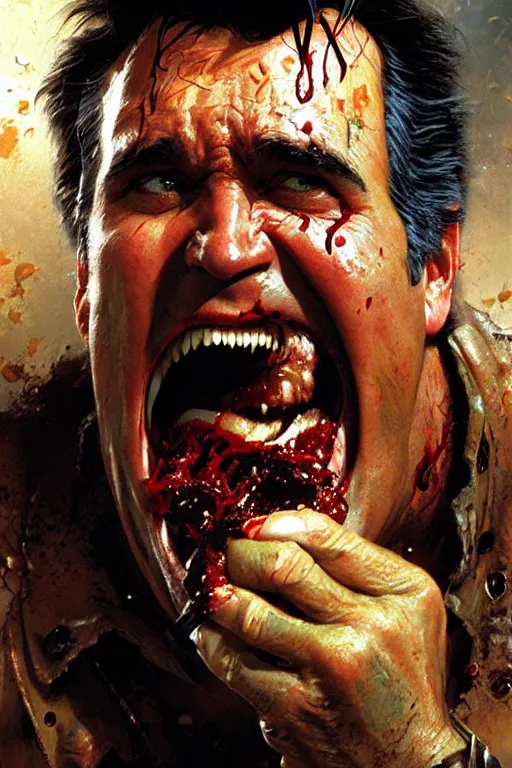 Prompt: bruce campbell screaming and eating beans, extreme close up, insane face, high detail, portrait dnd, painting by gaston bussiere, craig mullins, greg rutkowski, yoji shinkawa