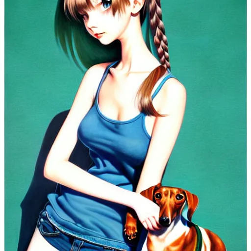 Image similar to richly detailed color  illustration of a dainty pretty young woman wearing a tank top, 'My pet dachshund' is the theme, very soft shadowing, smooth textures, large scale image. art by Range Murata.