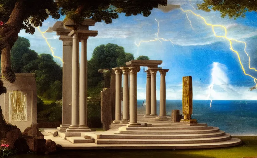 Image similar to Doric temple on front of balustrade and palace columns, refracted lightnings on the ocean, thunderstorm, tarot cards characters, beach and Tropical vegetation on the background major arcana sky and occult symbols, by paul delaroche, hyperrealistic 4k uhd, award-winning, very detailed paradise