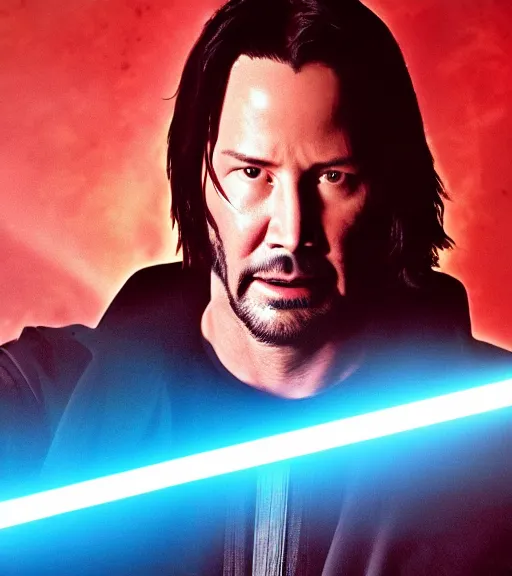 Prompt: keanu reeves as a jedi master with a blue lightsaber fighting a sith lord in an ancient bioluminescent forest, perfect symmetrical face, full moon, moody lighting, 8 k, shallow depth of field, intricate detail,