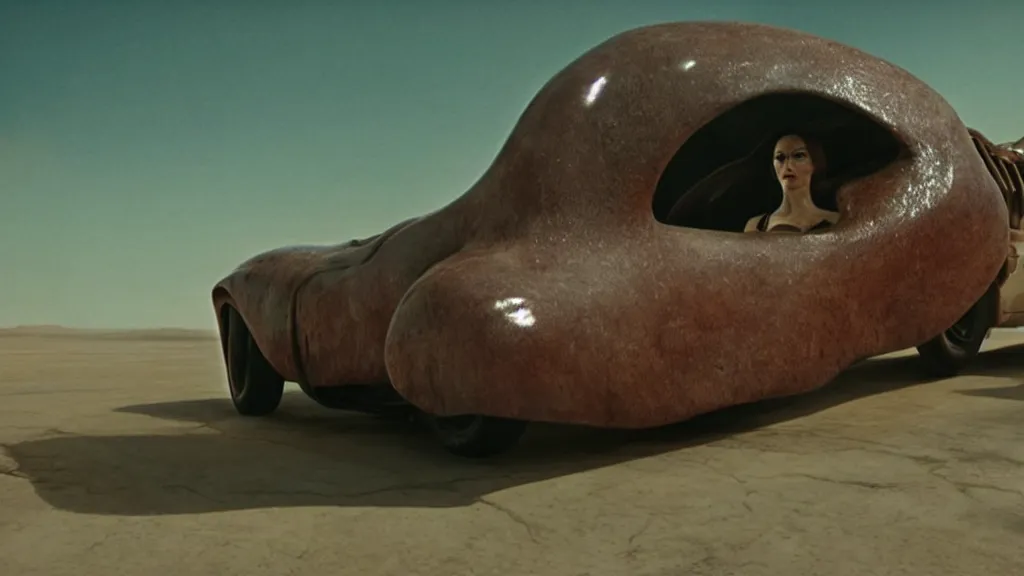 Image similar to the creature drives a hot rod, made of wax and water, film still from the movie directed by Denis Villeneuve with art direction by Salvador Dalí, wide lens