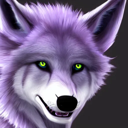 Prompt: An anthropomorphic lavender-colored wolf character with spiky white hair, furry fandom, digital painting, detailed, cute