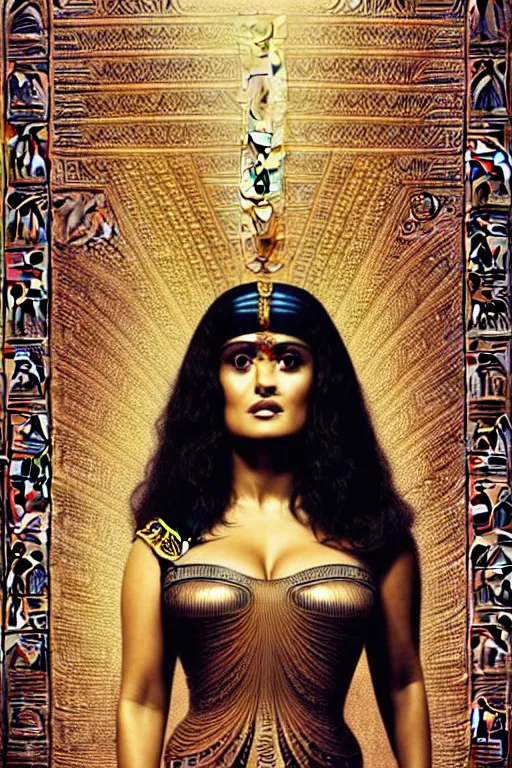 Image similar to Portrait of Salma Hayek as Cleopatra, intricate art deco leaf designs, elegant, highly detailed Egyptian patterns, hieroglyph, sharp focus, art by Artgerm and beeple