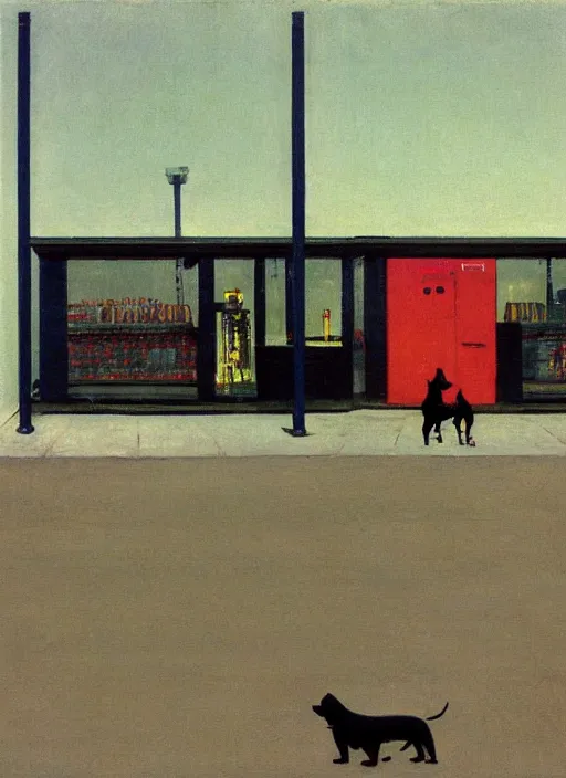 Prompt: two figures and a black dog at gas station with portable oxygen tank in the style of Francis Bacon and Zdzislaw Beksinski, Edward Hopper and Norman Rockwell, highly detailed, very coherent, triadic color scheme