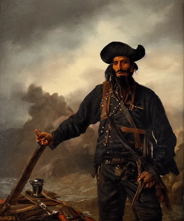 Prompt: ultra realistic color portrait painting of a spanish bandolero 1 9 th century pirate with a trabuco, dark, painted, brooding, atmospheric, landscape, smooth, epic, highly detailed, cinematic