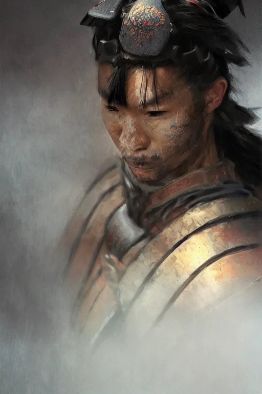 Image similar to samurai warrior, close - up portrait, fierce, intricate, elegant, volumetric lighting, scenery, digital painting, highly detailed, artstation, sharp focus, illustration, concept art, ruan jia, steve mccurry