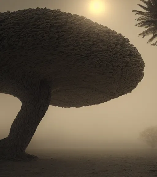 Image similar to surreal theory of a tree made of snakes, futuristic ancient tree in the desert, foggy sky, dark night, octane render, unreal engine, pale colors, high detail, 8 k, wide angle, trending on artstation, behance