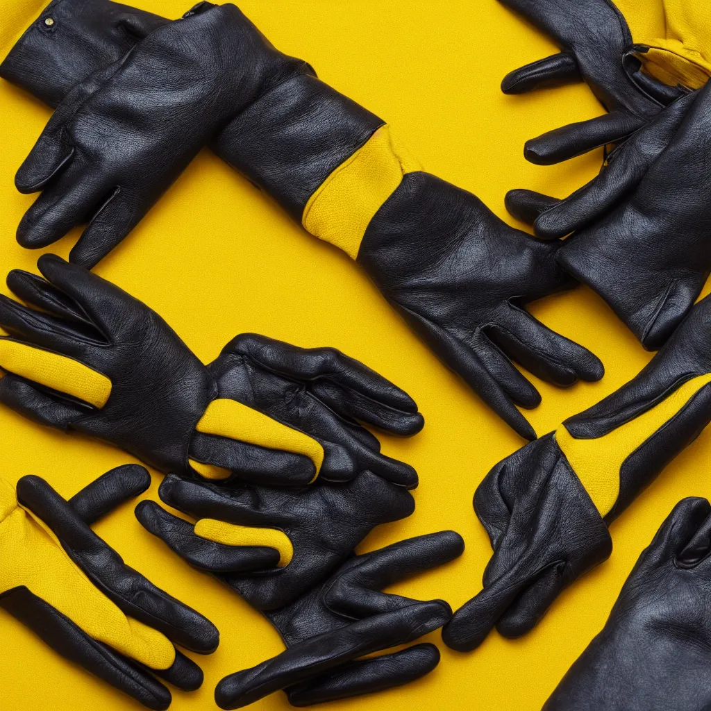 Prompt: close - up view of gloves on yellow background, 8 k, high detail, photorealistic, proper shading